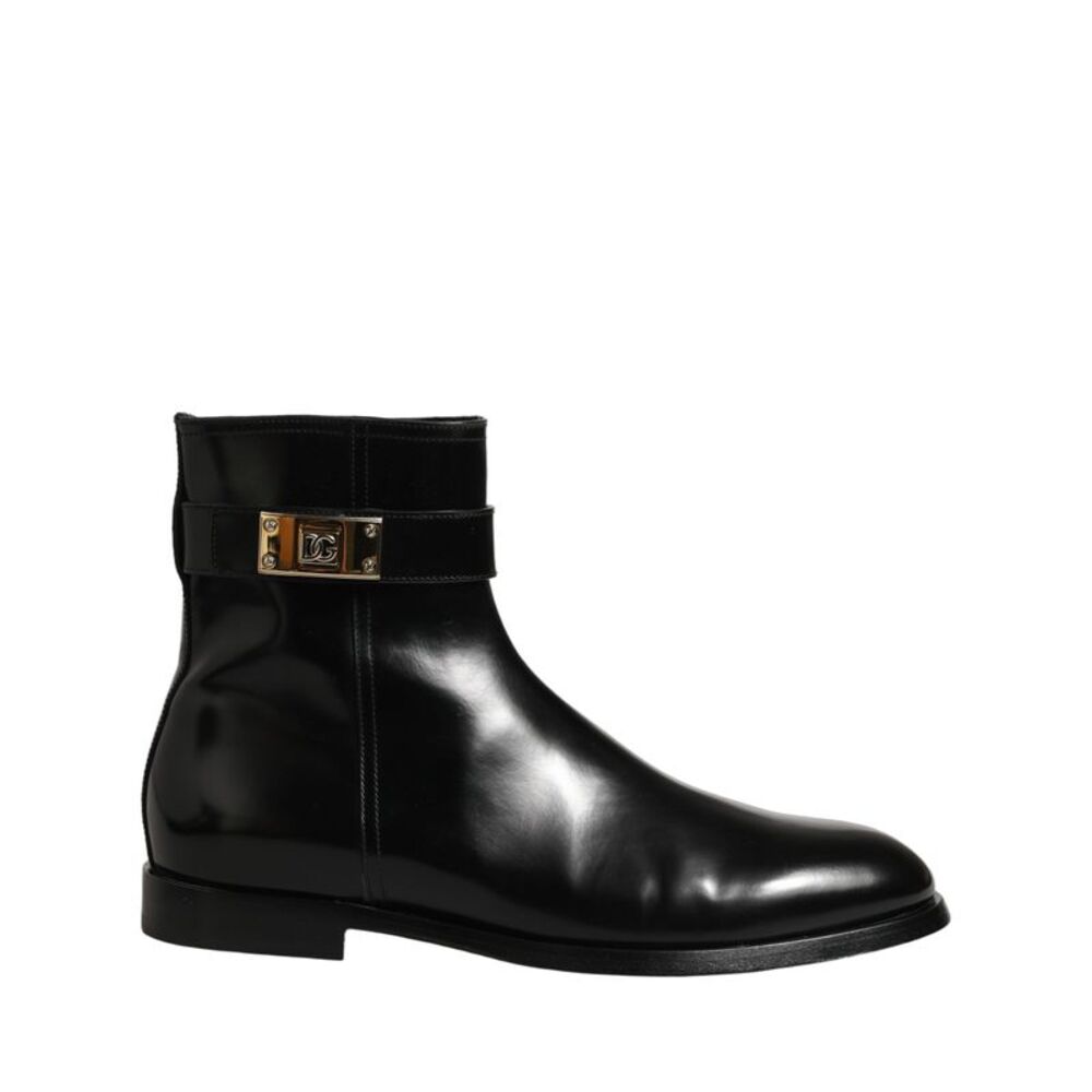 Dolce & Gabbana Black Leather Buckle Mid Calf Boots Men's Shoes